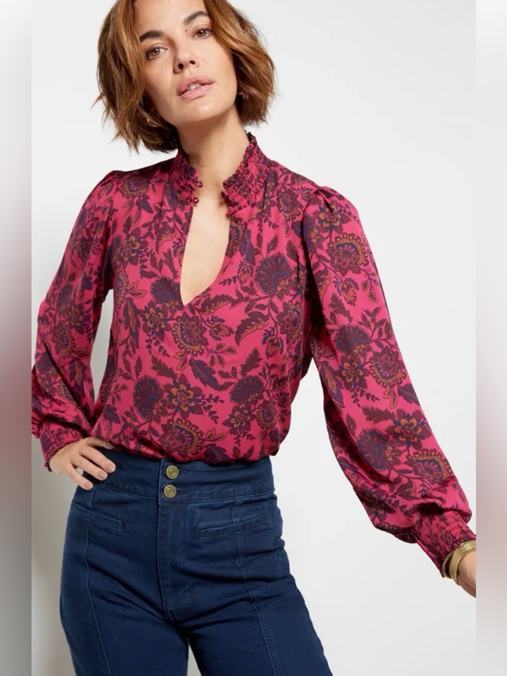 Evereve Fuchsia Pink Floral High-Neck Blouse Paisley Boho Kelsa Smock Neck Top